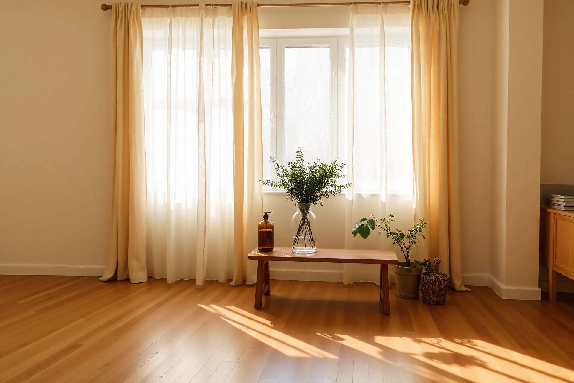 Ambiente iluminado pela luz natural, com plantas e madeira