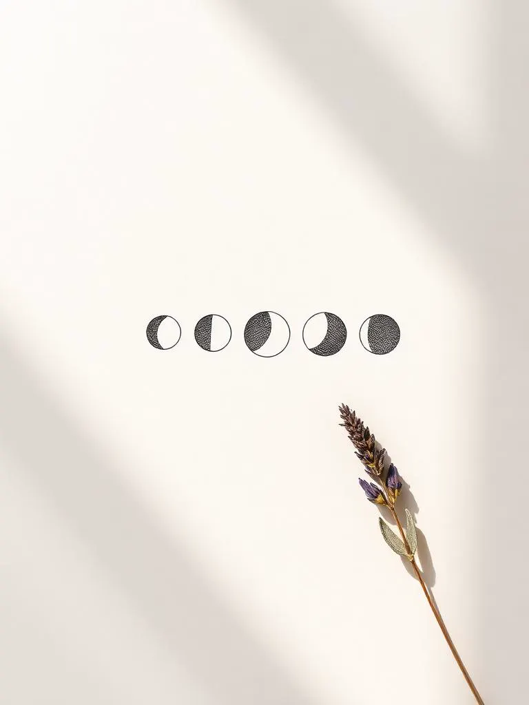 Fases da lua com sprig de lavanda em fundo cremoso